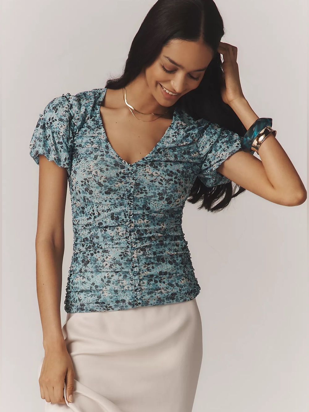 Anthropologie Short-Sleeve Shirred Mesh Top